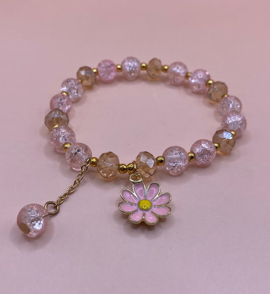 Crushed Pink and Champagne Flower Charm Bracelet
